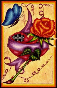 A magnificent image capturing an imprisoned heart.  Red heart, purple ribbon, orange flower and beautiful blue butterfly.