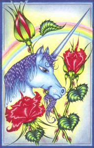 A blue and purple unicorn with a rainbow and gorgeous red flowers in the background.